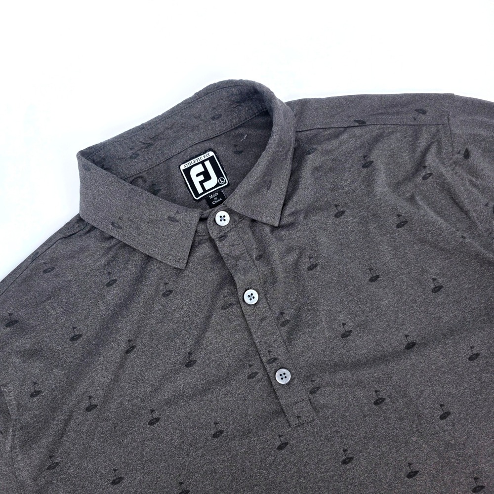 FootJoy Mens Athletic Fit Golf Polo Shirt Grey Golf Hole Print Large 88% Poly